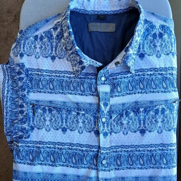 NWOT Rogue State Blue Paisley Pearl Snap-Front Shirt L cotton collared s.sleeve - Picture 14 of 14